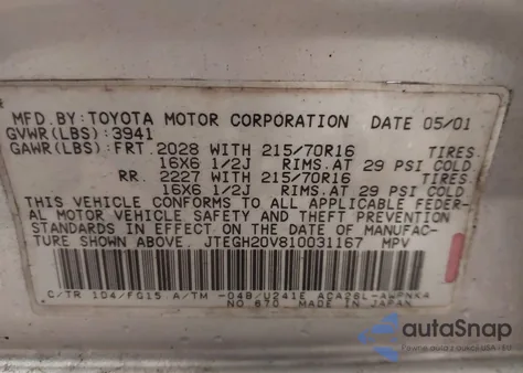 2001 Toyota Rav4 from USA, damaged, VIN JTEGH20V810031167